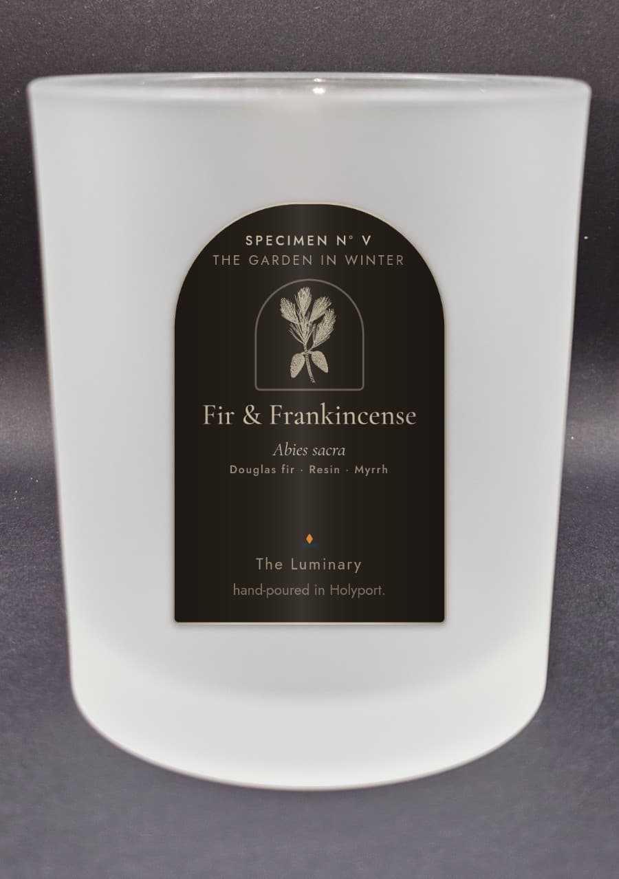 Fir & Frankincense candle, arched specimen label on a frosted 20cl jar