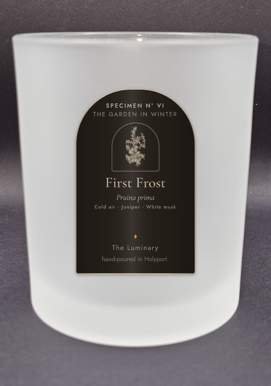 First Frost candle, arched specimen label on a frosted 20cl jar