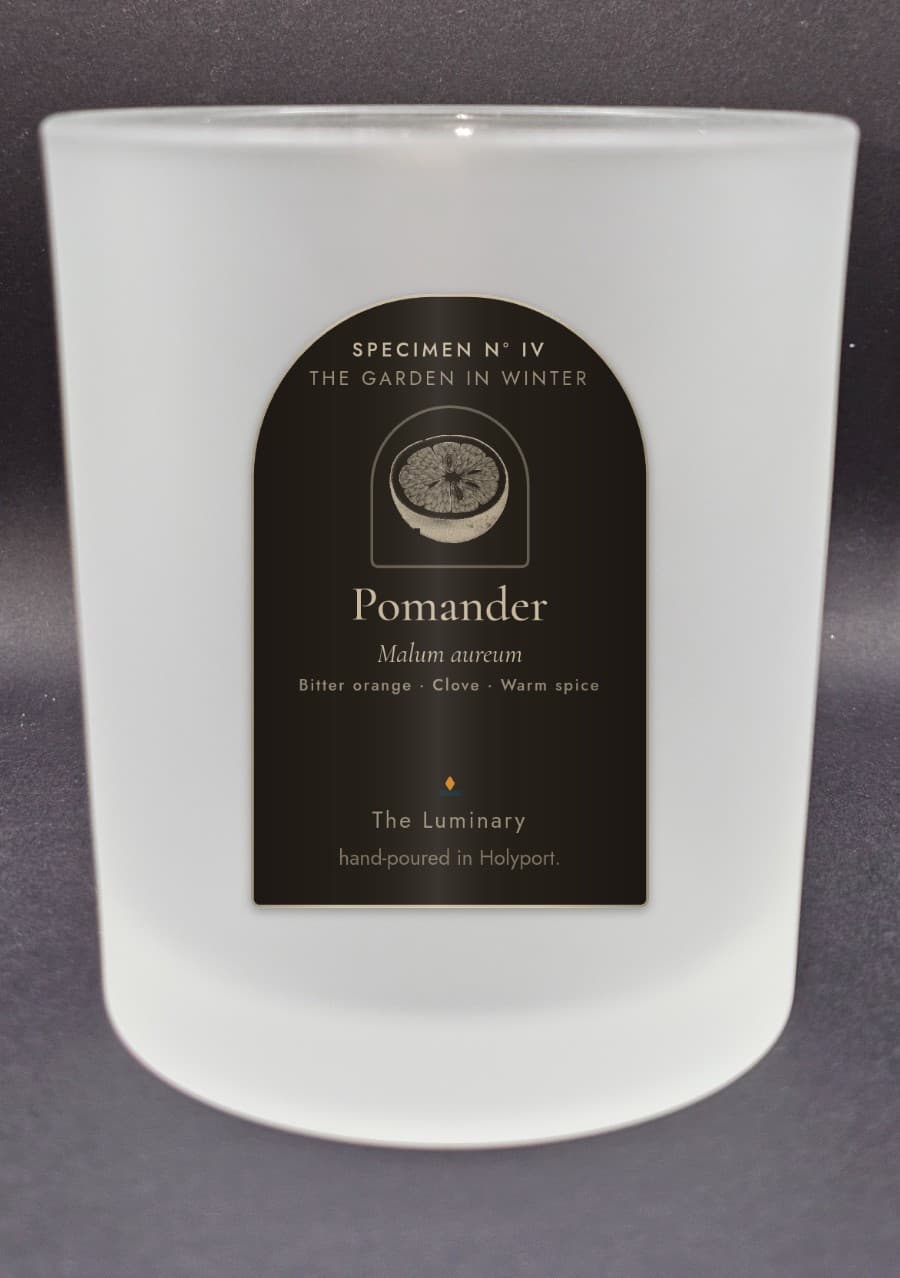 Pomander candle, arched specimen label on a frosted 20cl jar