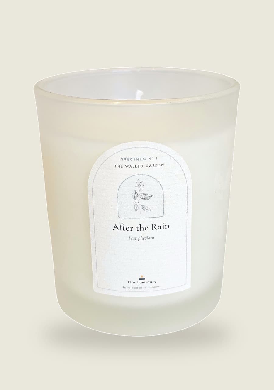 After the Rain candle, arched specimen label on a frosted 20cl jar