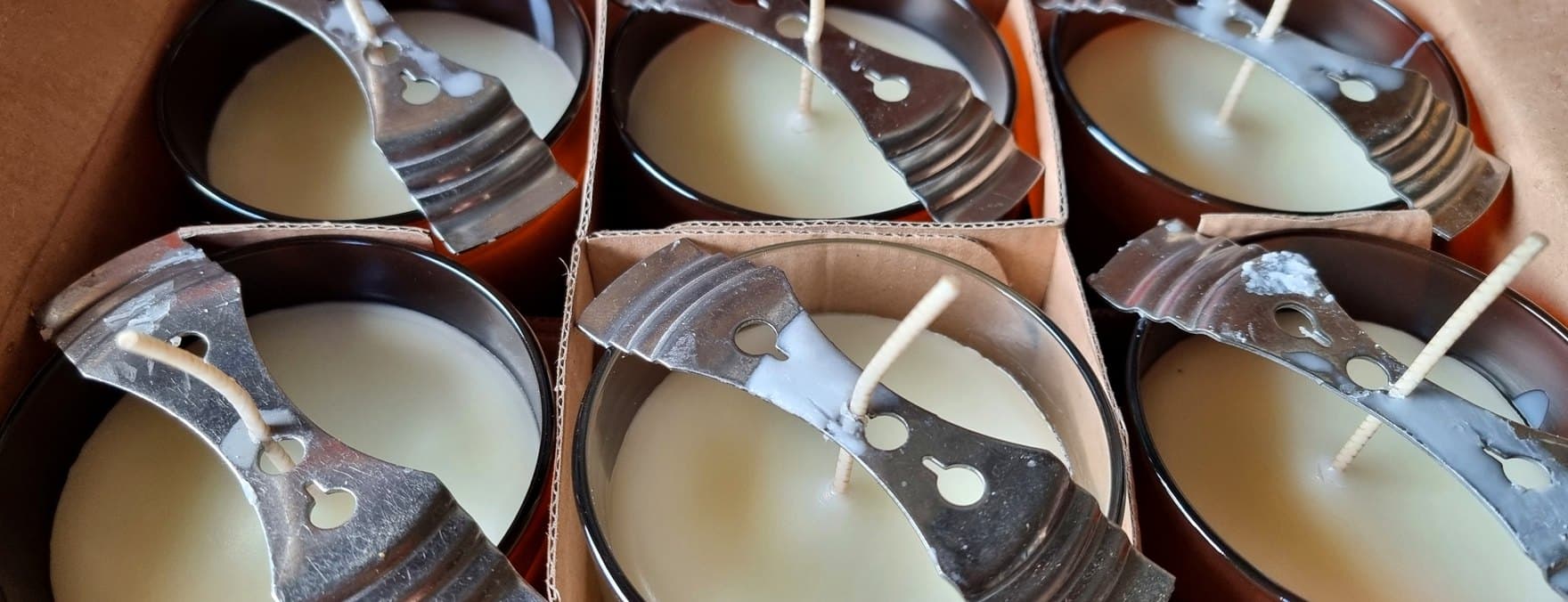 Six freshly poured candles in a box, the wax still setting, each wick held by a metal bar.